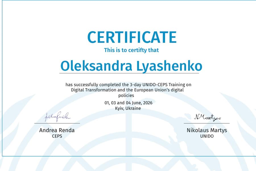 Участь у міжнародному тренінгу UNIDO–CEPS з цифрової трансформації та цифрової політики ЄС